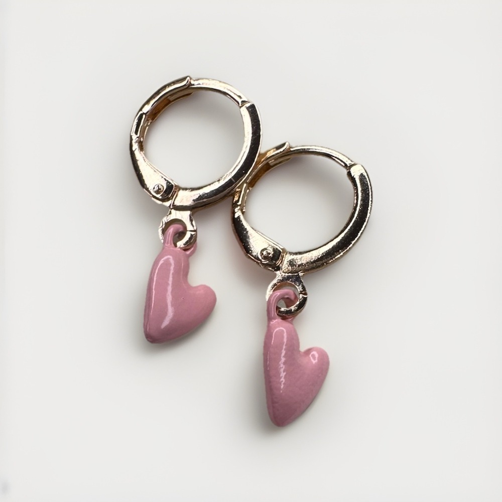 LOVE Heart Huggie Earrings W/ Pink Heart Gem Gold Plated Sterling Silver New